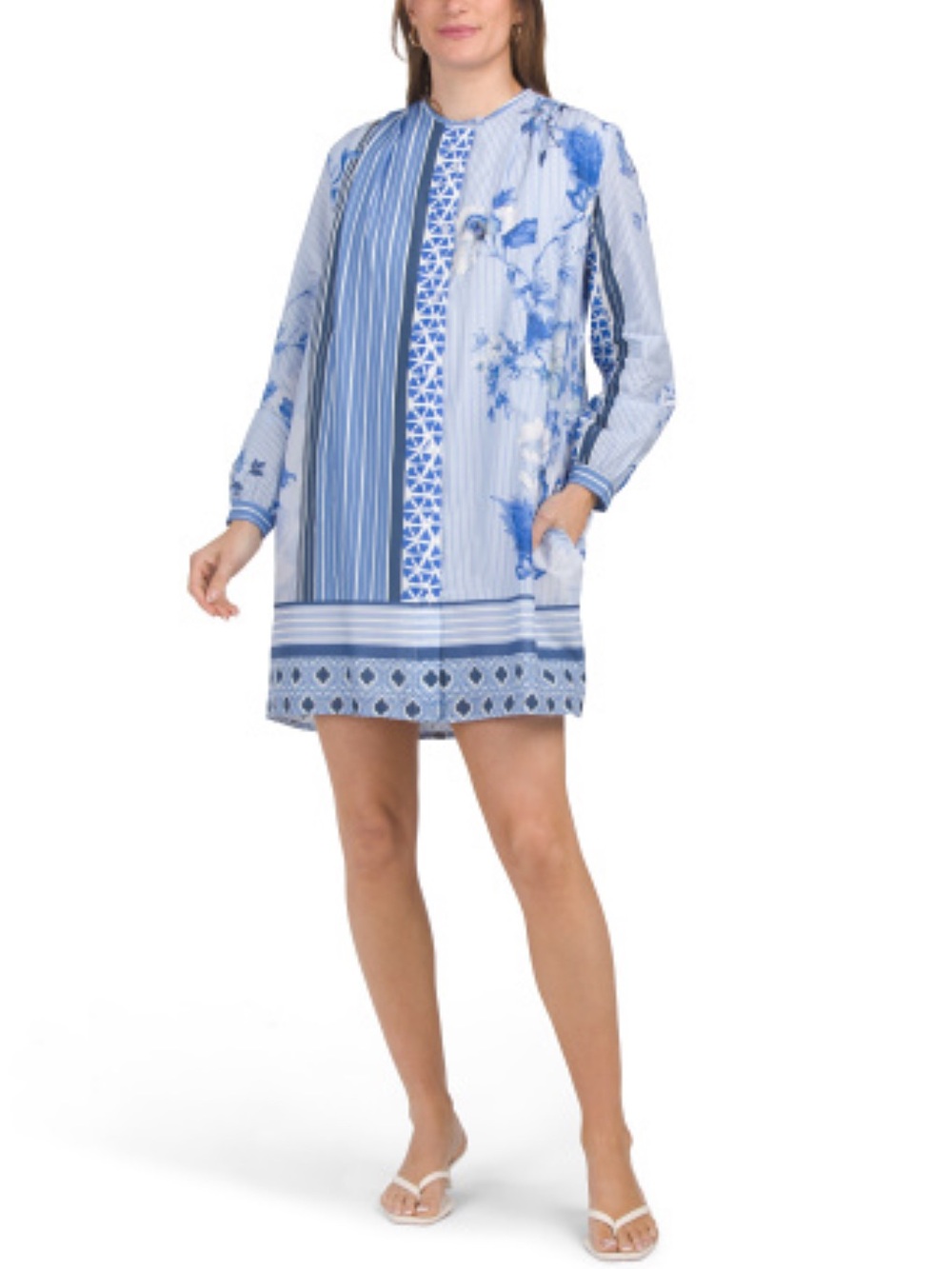 NWT Linea Moda Blue Striped Floral Long-Sleeve Mini Dress Size S